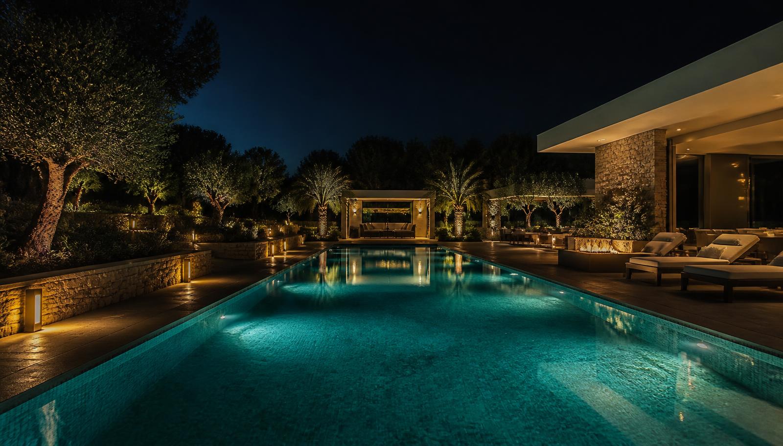 Swimming pool at night lit with underwater LED lights and warm landscape lighting